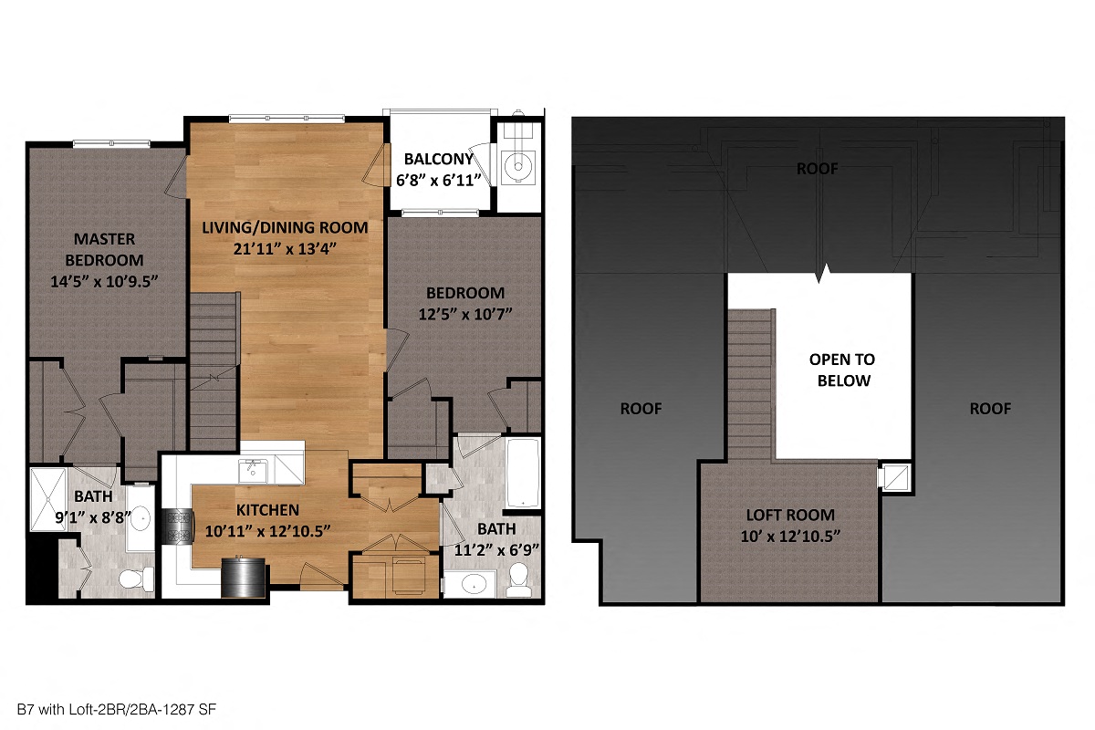 Floor plan for 2 beds, 2 baths, 1287 sqft